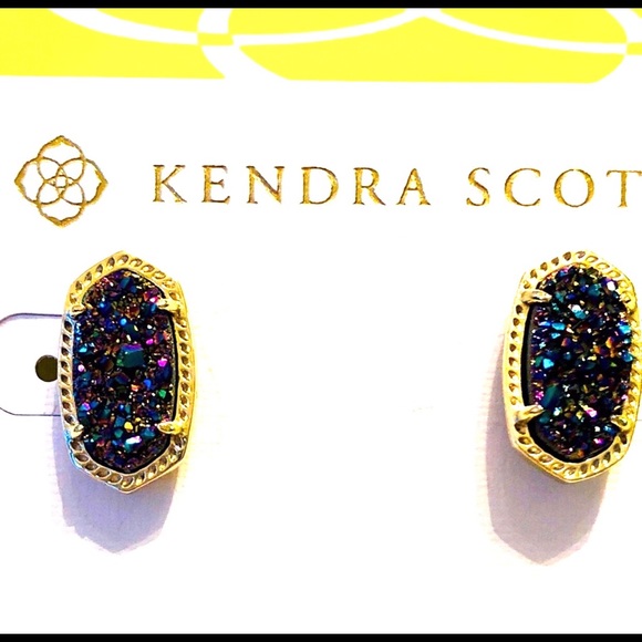 NWT Kendra Scott RARE & Retired Ellie Earrings Multi Colored Drusy Yellow Gold! - Picture 6 of 17